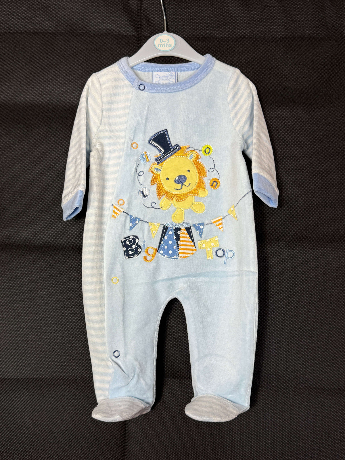 🦁 Baby Big Top Lion Sleepsuit – Blue or Yellow