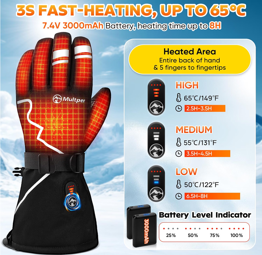 Multper Heated Gloves Rechargeable Winter Ski Cycling Waterproof XL 3000mAh