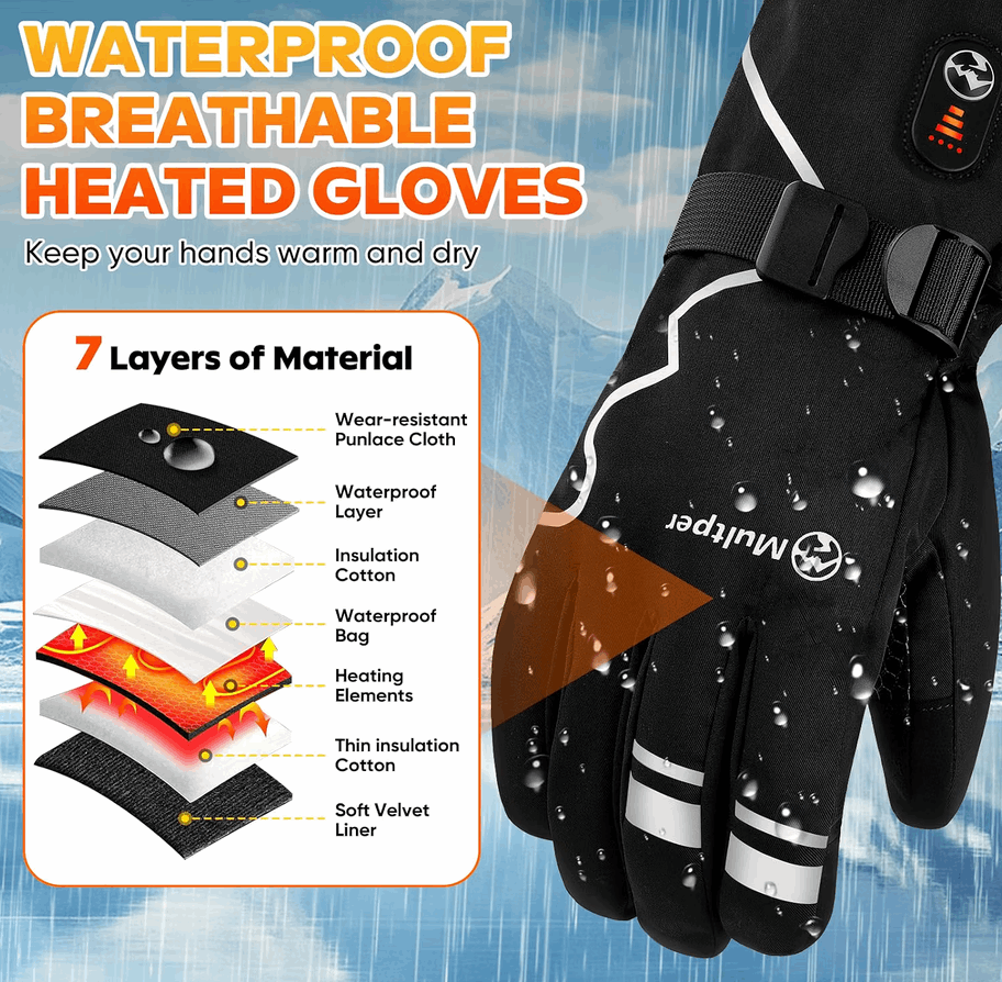 Multper Heated Gloves Rechargeable Winter Ski Cycling Waterproof XL 3000mAh