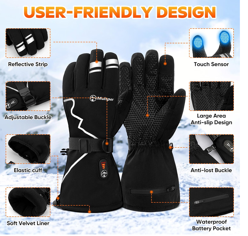 Multper Heated Gloves Rechargeable Winter Ski Cycling Waterproof XL 3000mAh